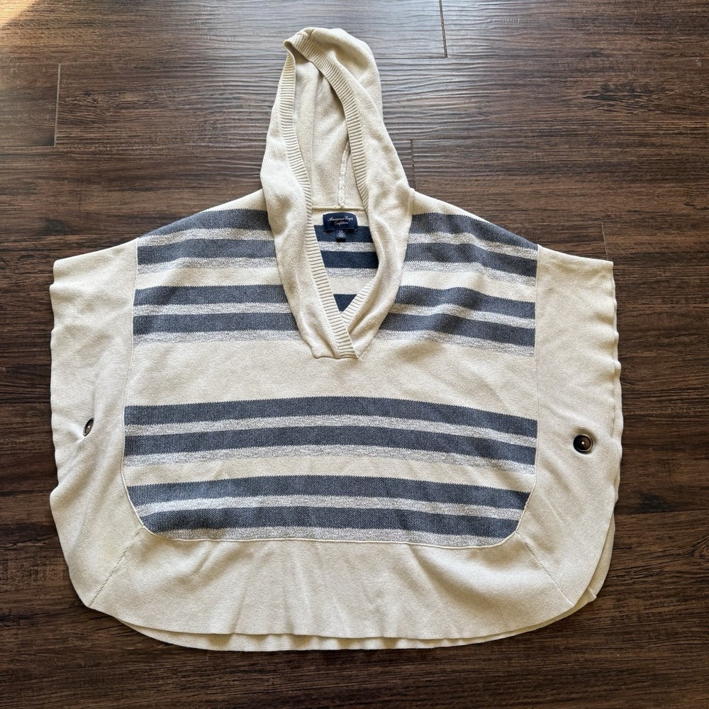 American Eagle Striped Hooded Poncho Sweater L/XL Navy Ivory Knit Baja Hoodie